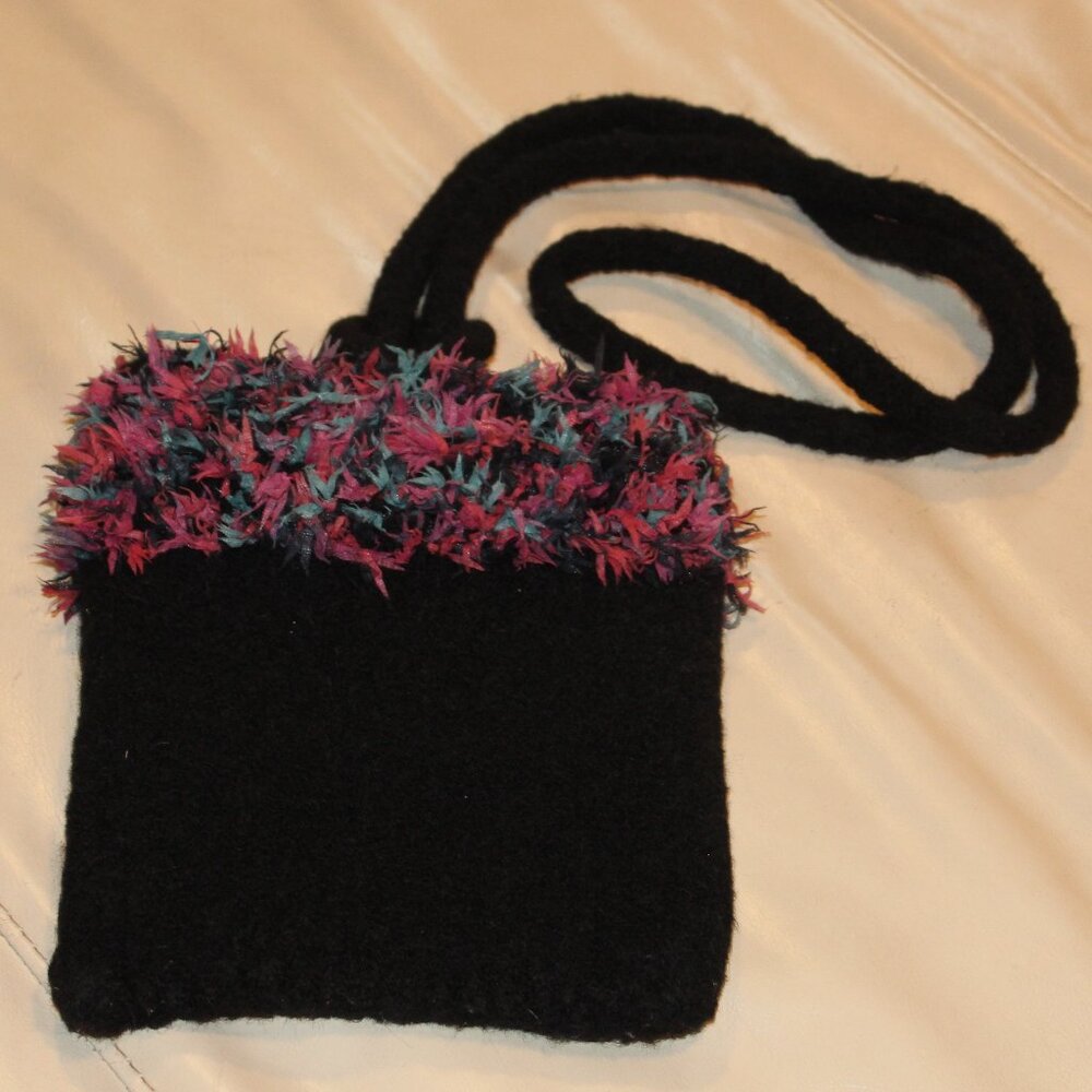 Wool Handbag Black with multicolored yarn trim Crossbody or Shoulder Bag